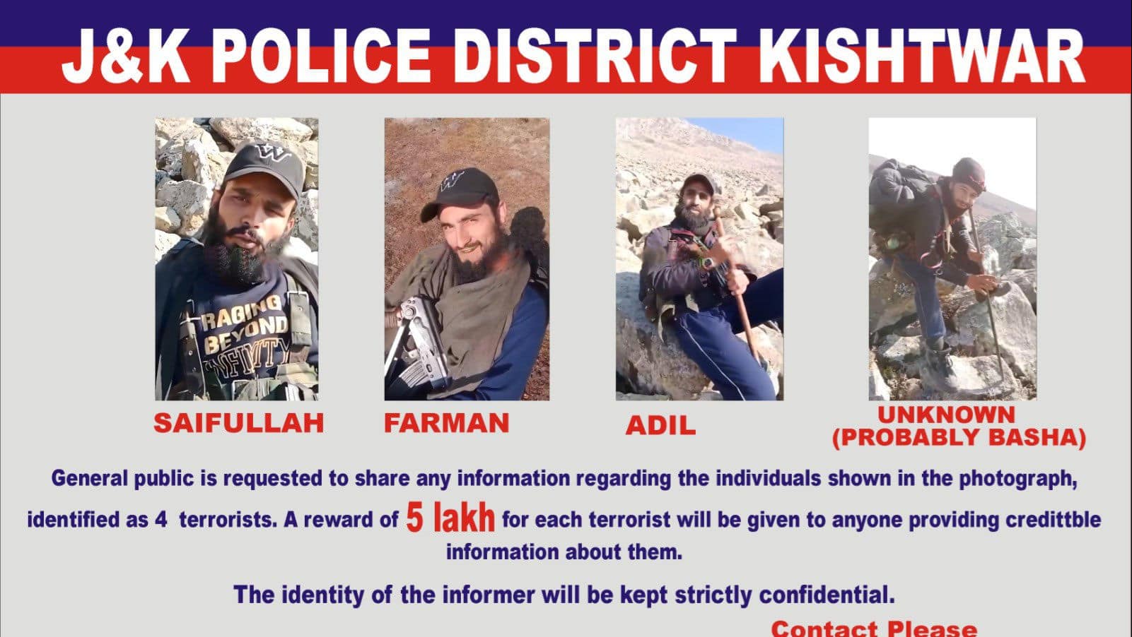 J&K Police Releases Pictures Of 4 Active Terrorists In Kishtwar, Offers Rs 5 Lakh Reward