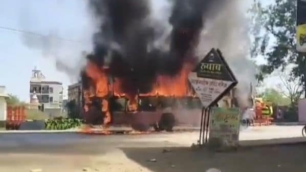 VIDEO: Moving Bus Catches Fire in Maharashtra’s Ahilya Nagar